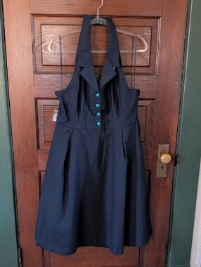 Retro Housewife Navy Swing halter Dress with Teal Buttons and Pockets XL